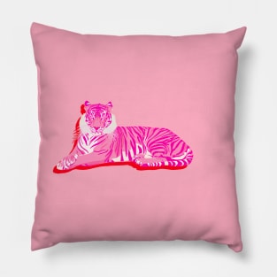 Pink Tiger Sitting on Red Background Pillow