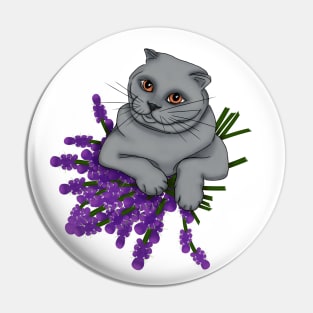 Scottish Fold Cat with a bouquet of lavender Pin