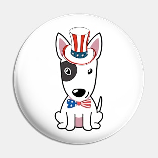 Funny bull terrier dog is wearing uncle sam hat Pin