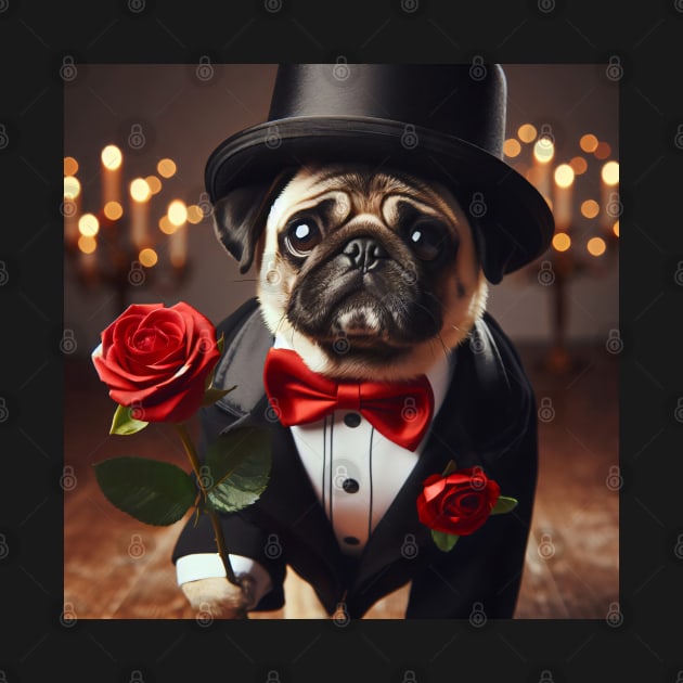 Sad pug dog in tuxedo suit with red rose by nicecorgi