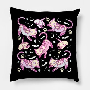 Cute and creepy pastel goth aesthetic skeleton cats  with cat unicorn skulls, bats and bones Pillow