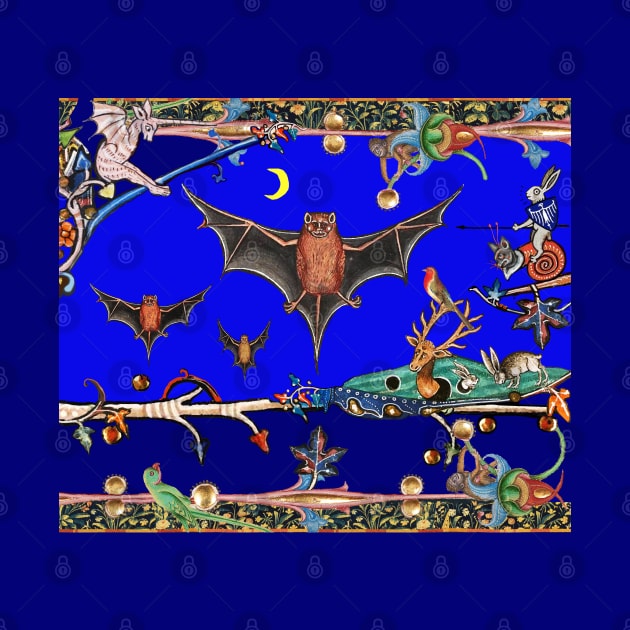 WEIRD MEDIEVAL BESTIARY,FLYING BATS IN BLUE NIGHT ,UNICORN ,KILLER RABBIT by BulganLumini