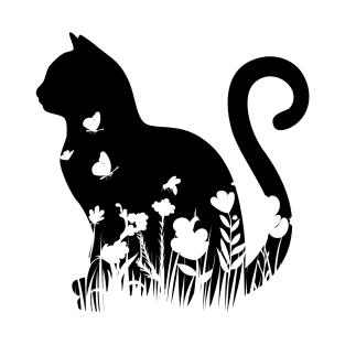 Flower Cat Silhouette Cute Kitty Cat Lover T-Shirt
