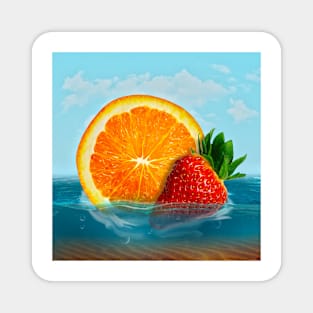 Orange and strawberry in water, strawberry dropped into blue ocean Magnet