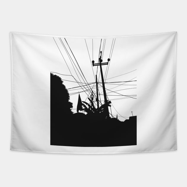 Silhouette of an electric pole with it messy wires Tapestry by opiro