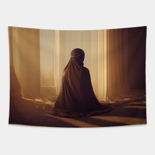 Woman wearing hijab looks out from the window Tapestry