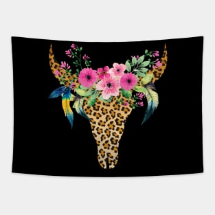 Cow Bull Skull Floral Skeleton Tapestry