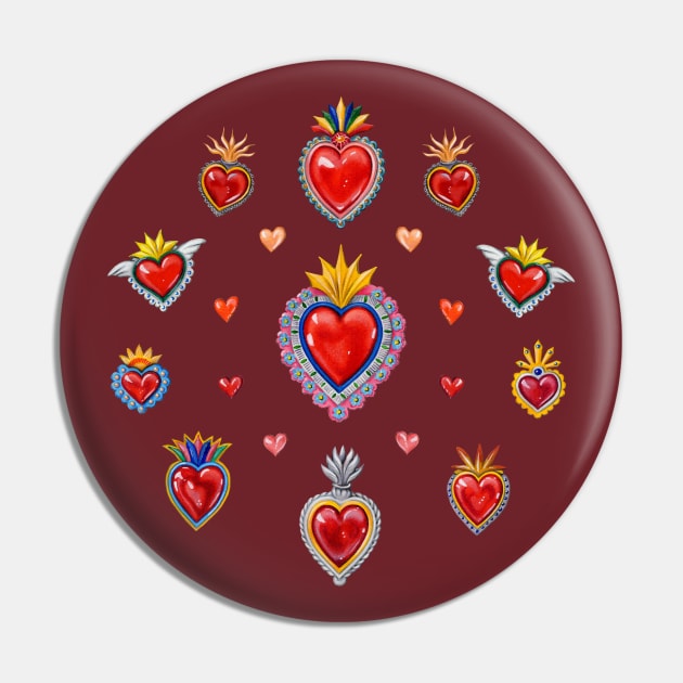 Mexican Sacred Hearts Circle Pin by Colette