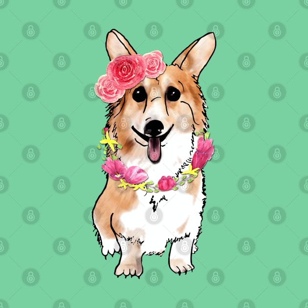 Happy Cute Corgi Dog with Roses Tulips by LizzyizzyDesign