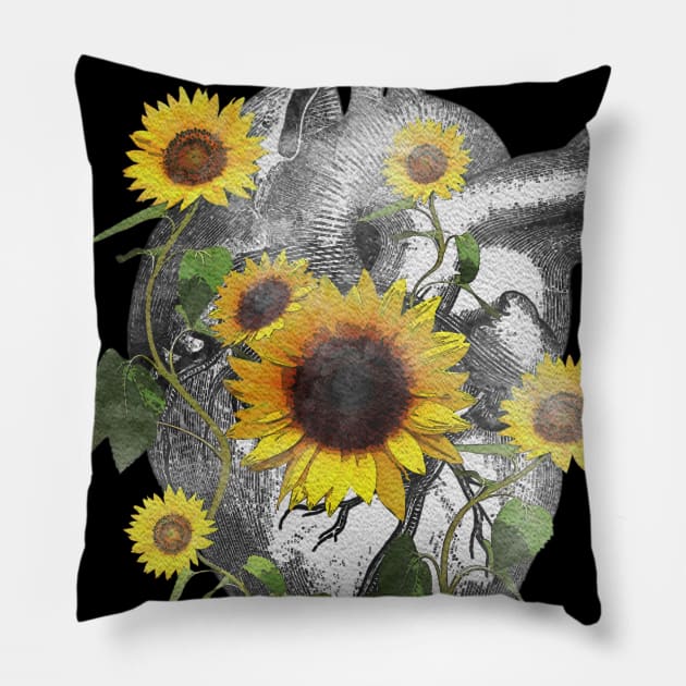 anatomical heart sunflowers cardiac nurse Pillow by Collagedream