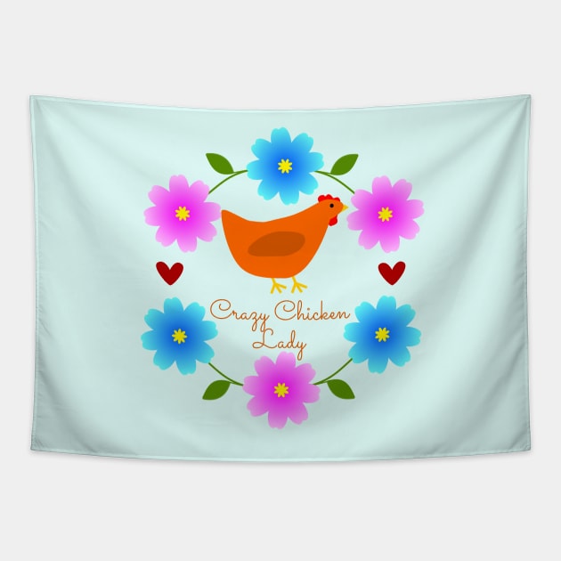 Crazy Chicken Lady with Hen and Floral Daisy Wreath Tapestry by DandelionDays