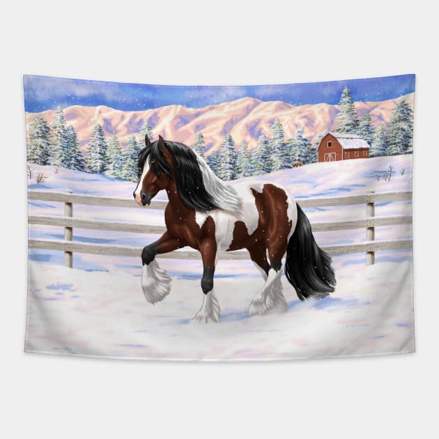 Bay Brown Pinto Skewbald Gypsy Vanner Draft Horse Trotting in Snow Tapestry by csforest