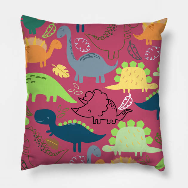 Dinosaur doodle dark pink background Pillow by Arch4Design