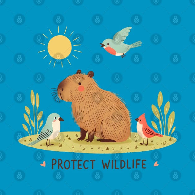 Protect Wildlife - Capybara with birds by PrintSoulDesigns