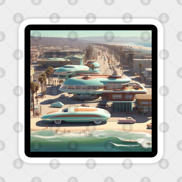 A Retro-Futuristic image of a Califonia Beach City Magnet by Musical Art By Andrew