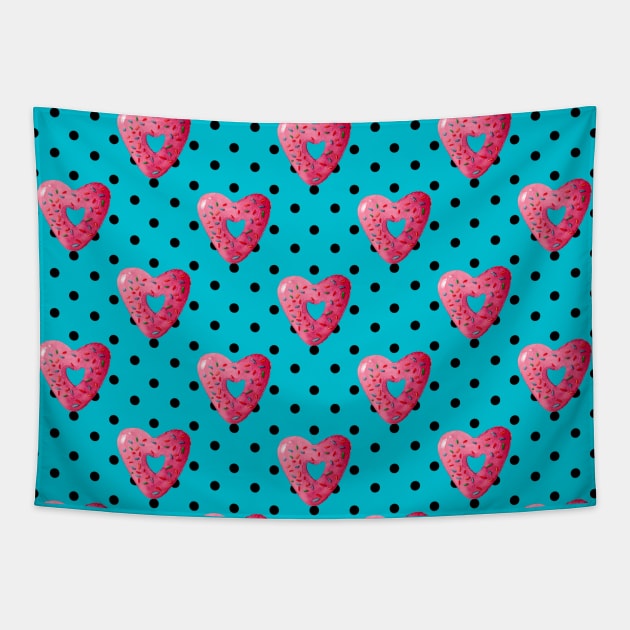 Pink plaid watercolor heart shaped donuts with polka dots on blue background Tapestry by Ieva Li ART