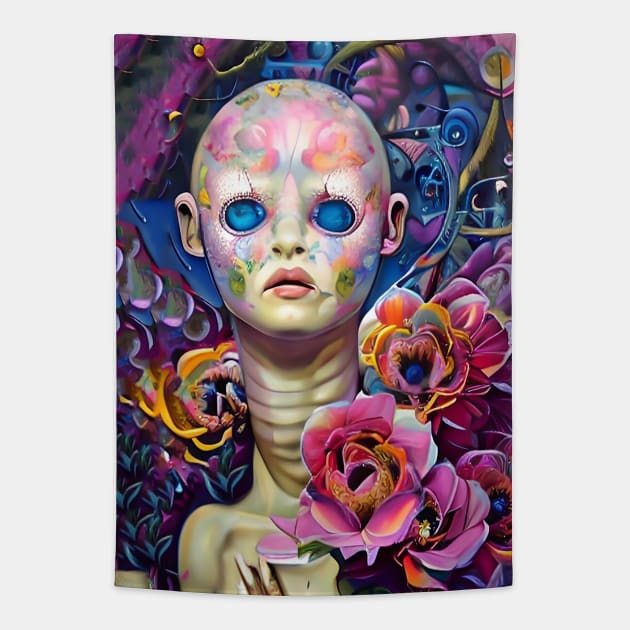 Cool Creepy Doll Surreal Floral Pop Art Dream Tapestry by ZiolaRosa