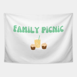 Family picnic, green text with cupcakes and lemonade Tapestry