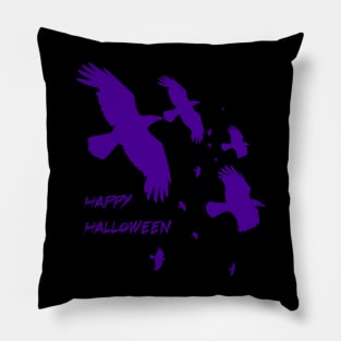 Happy Halloween Crows In Flight Vector Silhouette Purple Pillow