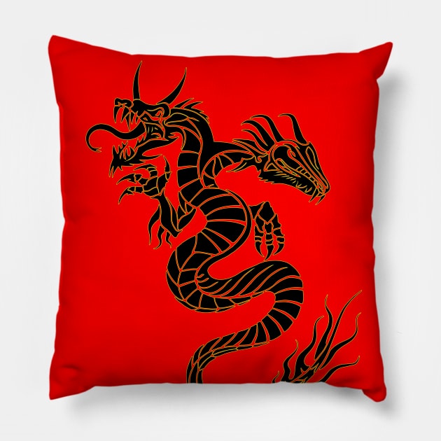 Double Headed Dragon - Dragon art - Tattoo art Pillow by 9inverse