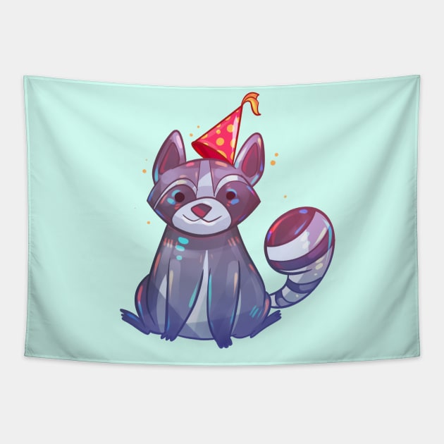 Party Animal Raccoon Tapestry by Claire Lin