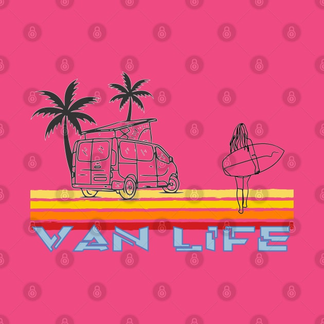 Van Life Surfing Vanlife Girl, Palm Trees and pop top van by Surfer Dave Designs