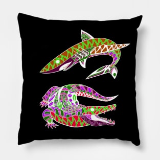 shark and alligator attack ecopop tribal totonac pattern art Pillow