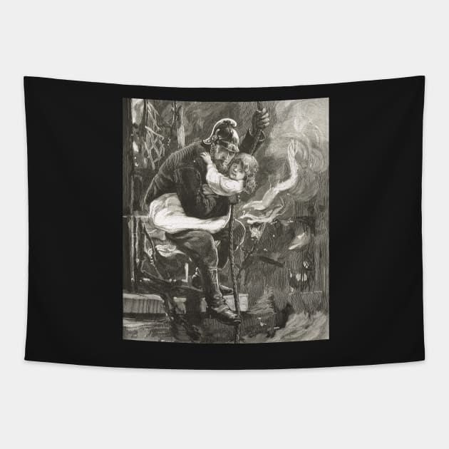 Victorian fireman rescuing a child Tapestry by artfromthepast
