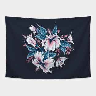 Hibiscus Butterflies - Navy Blue Pink Tapestry