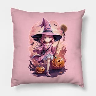 Ghostly Manga Girl with a Witch's Hat, Broomstick, and a Pumpkin Head Pillow