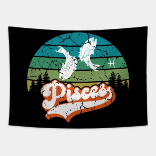 Pisces Zodiac Sign - Distressed Retro Sunset Tapestry