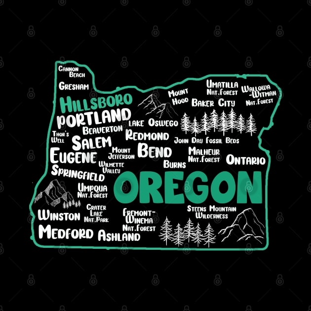 Cute map of Hillsboro Oregon, Portland, Salem, Eugene, Springfield, Bend, Ontario, Medford by BoogieCreates