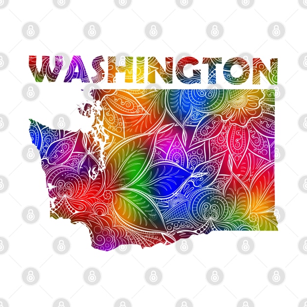 Colorful mandala art map of Washington with text in multicolor pattern by Happy Citizen