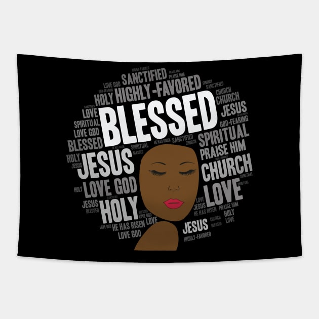 Blessed Words in Afro Christian Woman Tapestry by blackartmattersshop