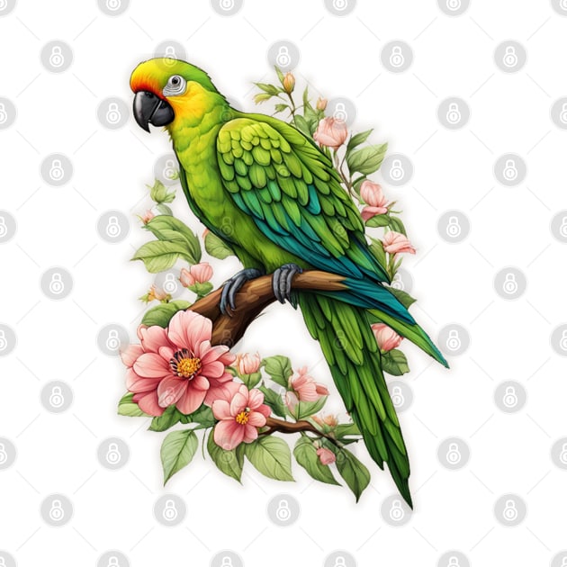 Green Parrot on a tree branch flowers by JnS Merch Store