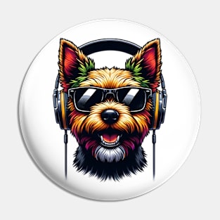 Norwich Terrier as Smiling DJ with Headphones and Sunglasses Pin