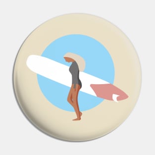 Surf Girl With Longboard In Blue Circle Pin