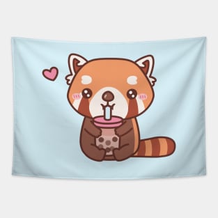 Cute Red Panda Loves Drinking Bubble Tea Tapestry