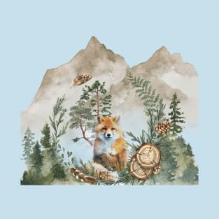 Mountain Forest Red Fox Watercolor T-Shirt