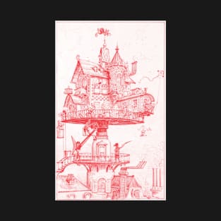 "Maison tournante aérienne" or "Revolving Aerial House" in red - vintage steampunk art by Albert Robida, cleaned and restored T-Shirt