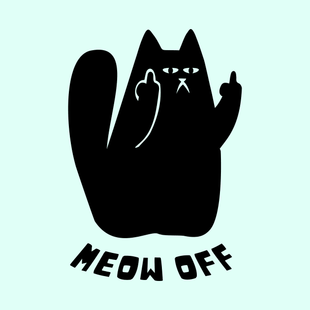Black Cat pointing middle finger and says meow off by Yula Creative