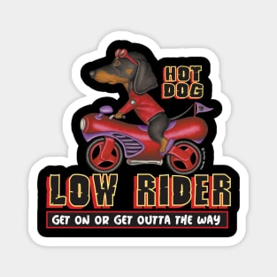 Classic Doxie Dog riding retro wiener cycle on Black Dachshund Riding Wiener Cycle Magnet