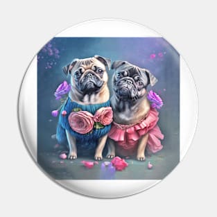 Pug Dogs in Blue and Pink Flowers Pin