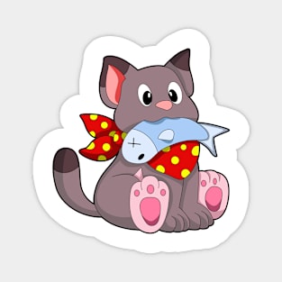 Cat with Ribbon & Fish Magnet