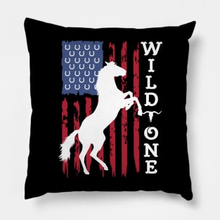 Wild One Horse Lover American Flag Vintage Distressed Pillow
