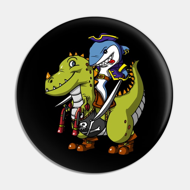 Shark Pirate Riding T-Rex Dinosaur Pin by underheaven