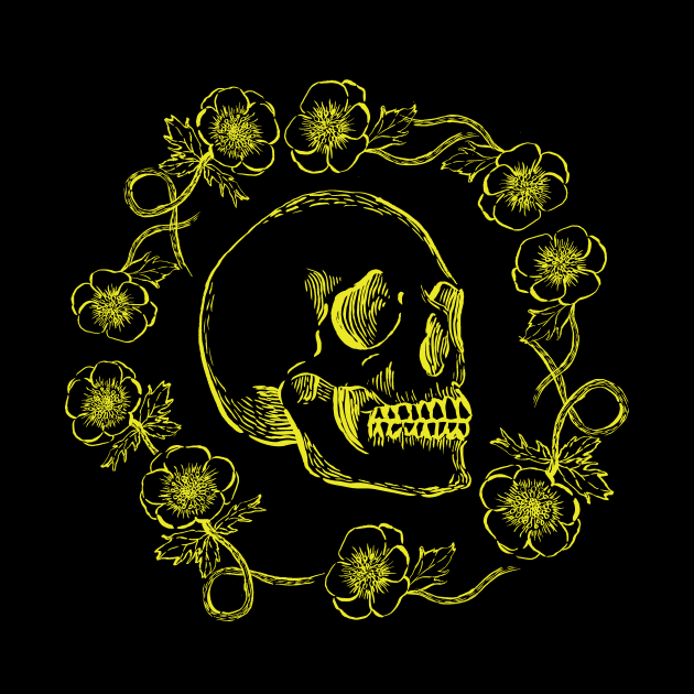 Skull and Flowers Neon on Dark by Cecilia Mok