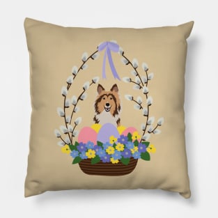 Rough Collie Dog with Easter Basket Made of Pussy Willow and Colorful Eggs Pillow