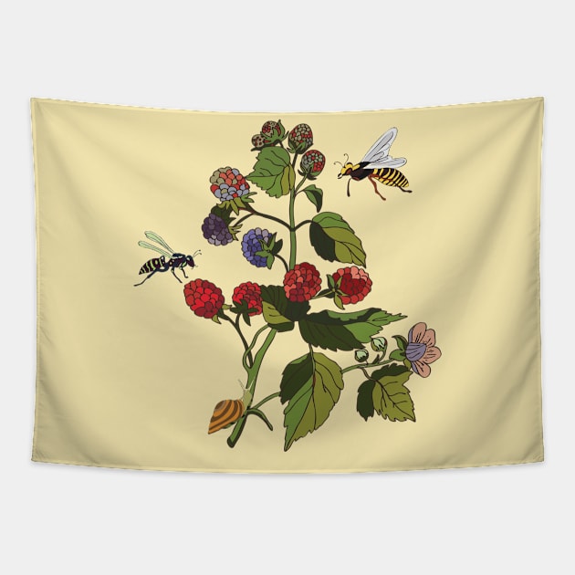 Botanical illustration a plant with berries and a wasp Tapestry by EEVLADA