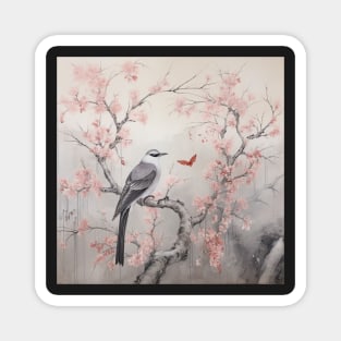 Grey and pink chinoiserie painting with birds and flowers Magnet